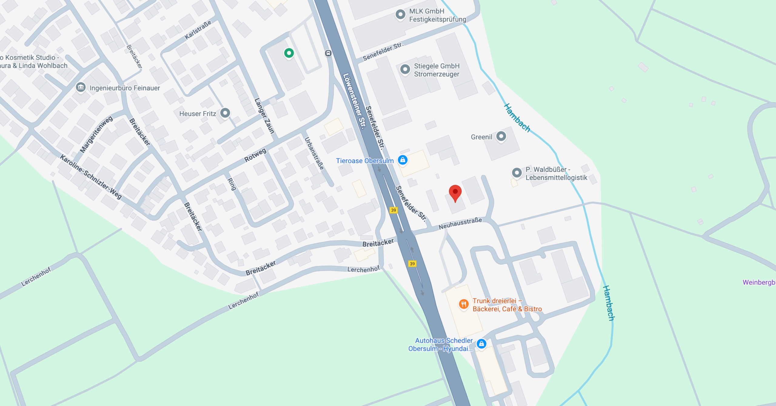 Kartenausschnitt mit markiertem Standort der Firma Reifenservice Schedler in Obersulm nahe der Senefelder Straße.